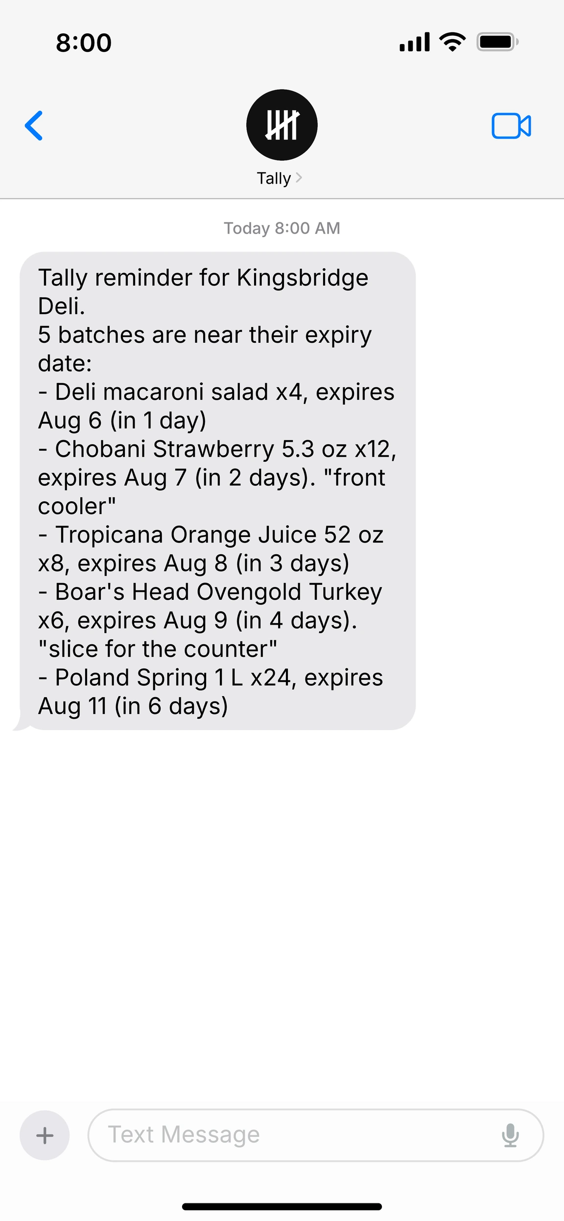 A text message from Tally on an iPhone, listing five batches near their expiry date